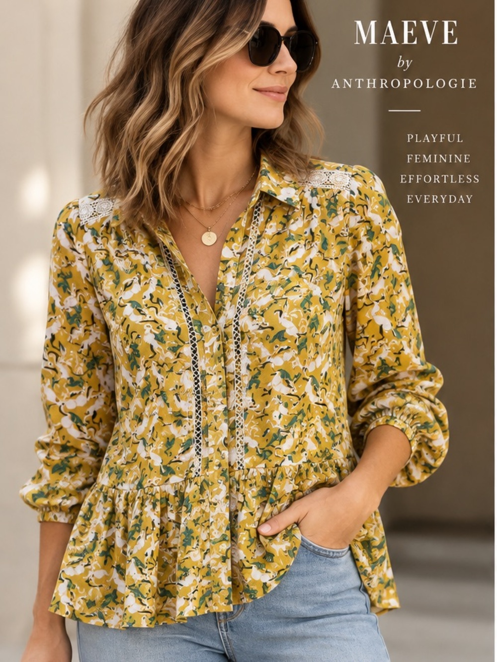 Maeve Anthropologie Boho Print Peplum Blouse Yellow Lace Trim Button Front Top
